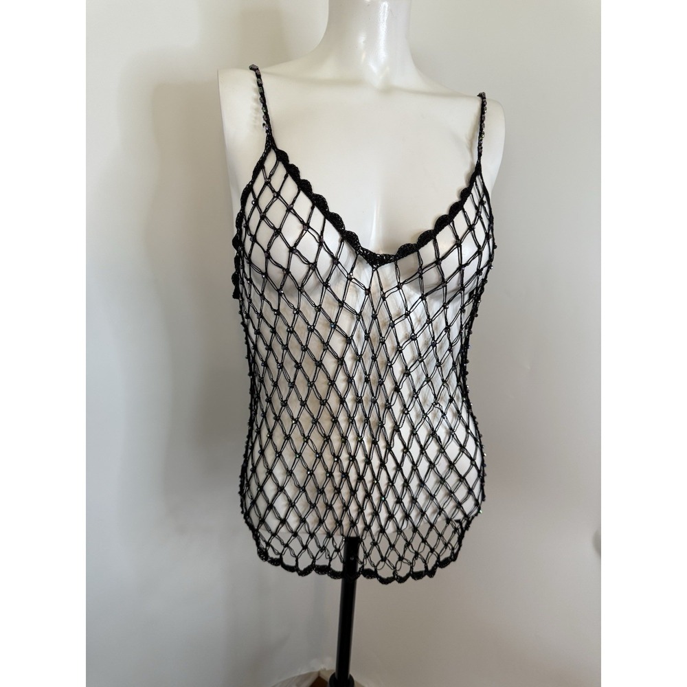 Nasty Gal Black Iridescent Sequined Beaded Open Air Mesh Top Coverup Size Large